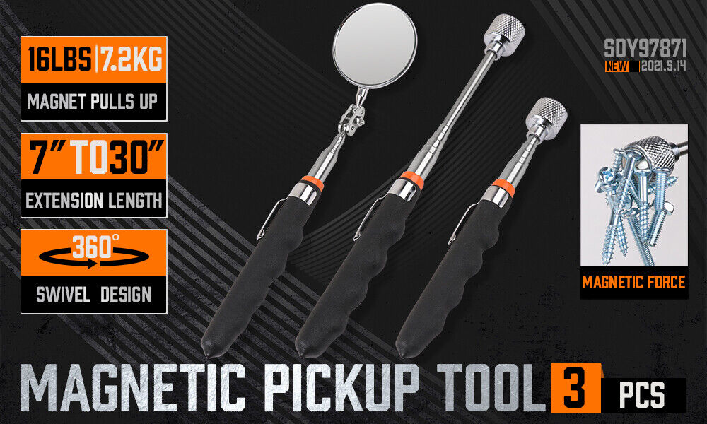 3Pc Magnetic Pick Up Tool & Swivel Inspection Mirror Telescoping Rod Heavy Duty - TOGA Multiverse