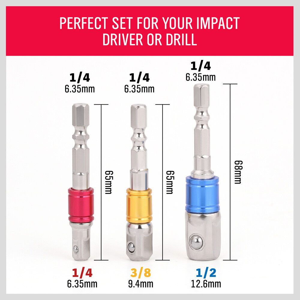 3Pc Socket Bit Adaptor Set Drill Nut Driver Power Extension Bars 1/4" 3/8" 1/2" - TOGA Multiverse
