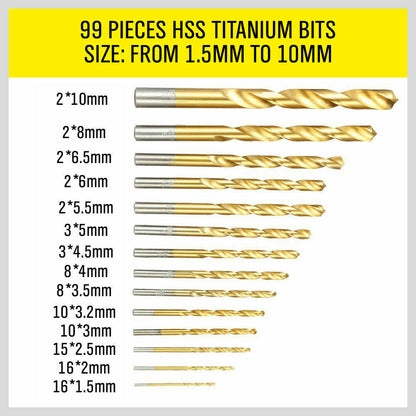 99Pc Drills Set HSS Titanium Coated Wood Plastic Metal Metric 1.5-10mm With Case - TOGA Multiverse