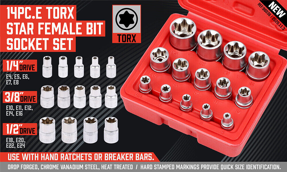 14Pc E Torx Socket Set Female Start Bit External Hex Torque E4-E24 With Case - TOGA Multiverse