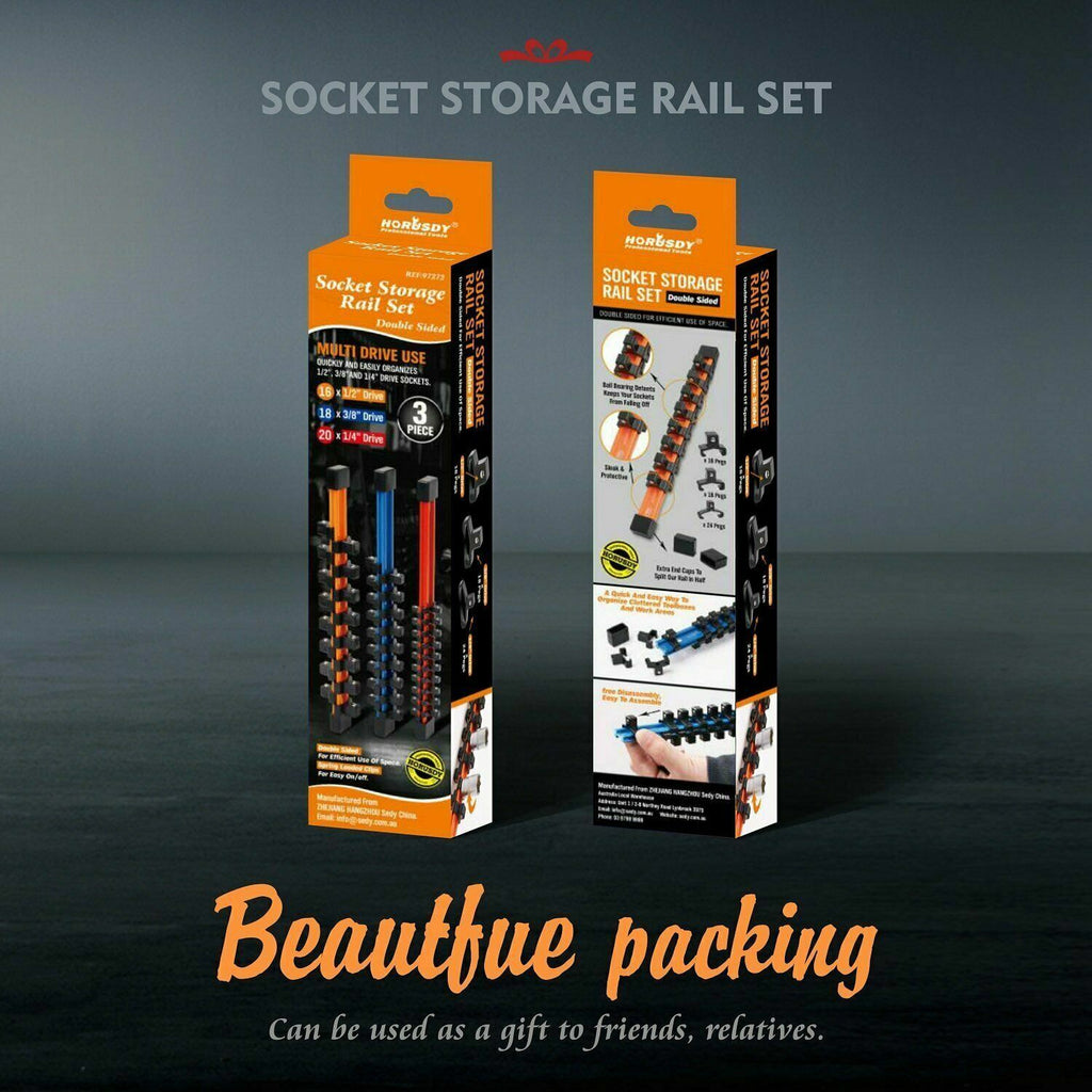 3Pc Double-Side Sockets Holder Tool Organizer Rails WorkShop Rack 1/4" 3/8" 1/2" - TOGA Multiverse