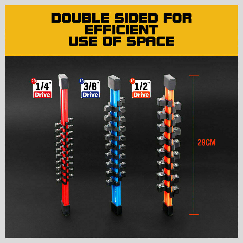 3Pc Double-Side Sockets Holder Tool Organizer Rails WorkShop Rack 1/4" 3/8" 1/2" - TOGA Multiverse