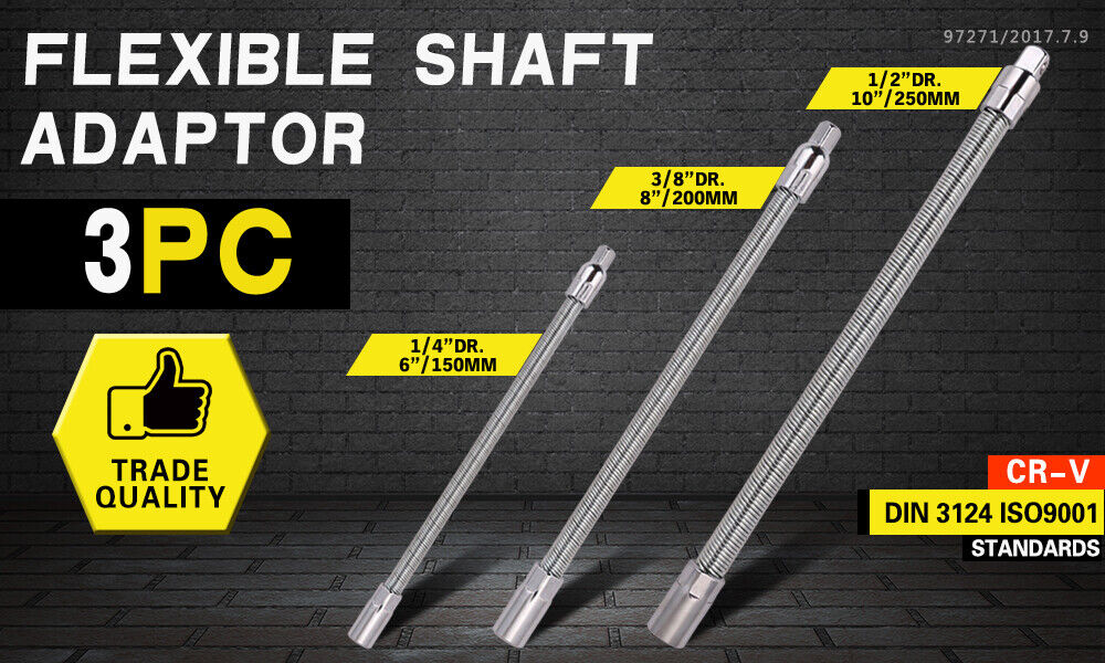 3PC Flexible Socket Extension Bars Shaft Set 1/2" 1/4" 3/8" Drive 10" 8" 6" Long - TOGA Multiverse