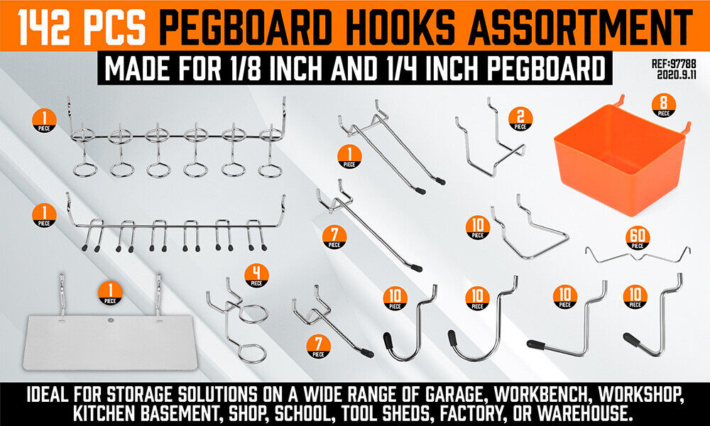 142Pc Pegboard Hooks Set Peg board Hanger Assortment Storage Trays Organizer Bin - TOGA Multiverse