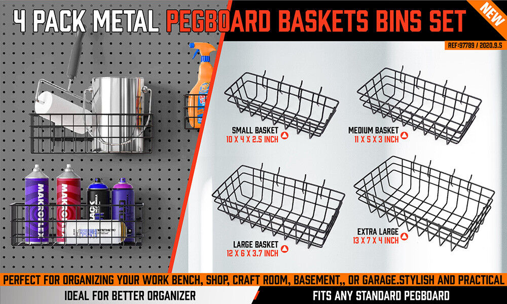 4Pc Pegboard Baskets Set Storage Bins Peg Board Organizer 4 Size Display Hangers - TOGA Multiverse
