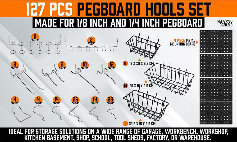 127Pc Pegboard Hooks Set Storage Baskets Organizer Hanger Inc. 4 Small Peg Board - TOGA Multiverse