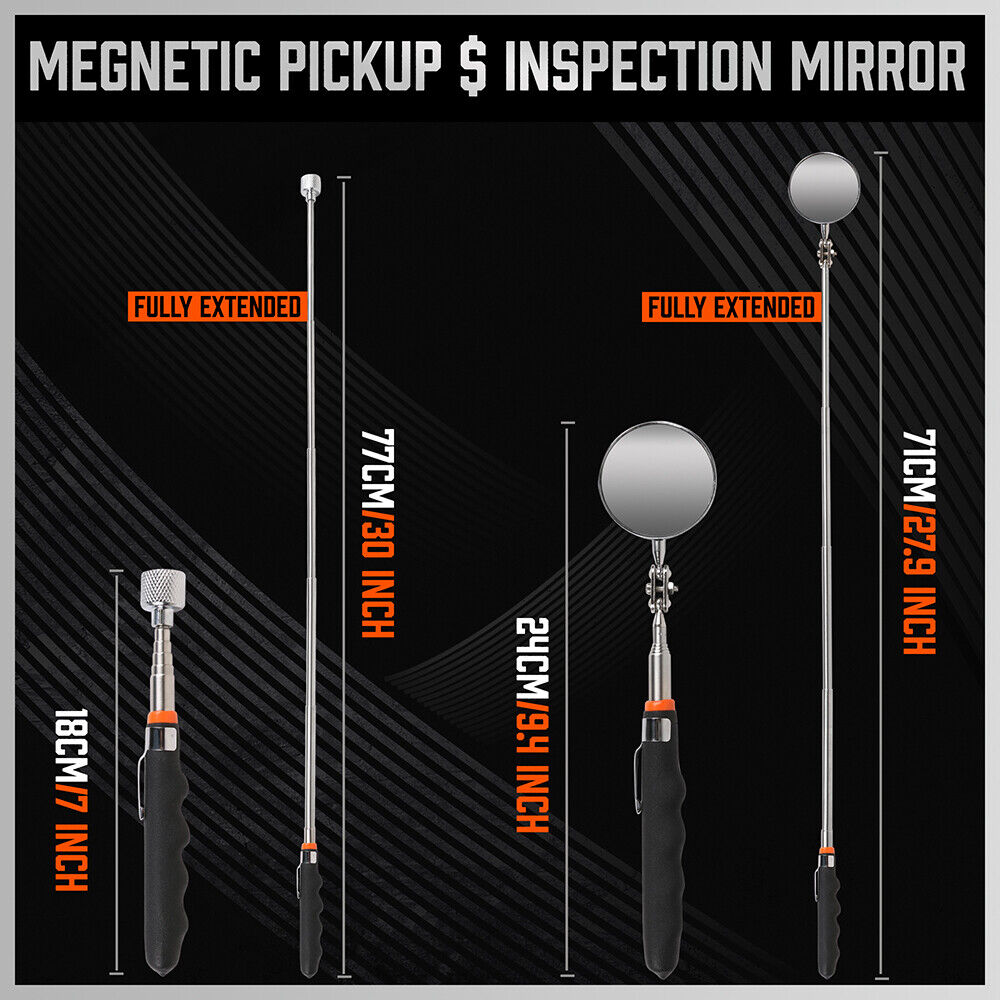 3Pc Magnetic Pick Up Tool Swivel Inspection Mirror Flexible Telescope LED Light - TOGA Multiverse