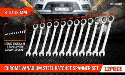 12Pc Ratchet Spanner Set Metric Open & Ring Wrenches 8-19mm CR-V + Rolling Bag - TOGA Multiverse